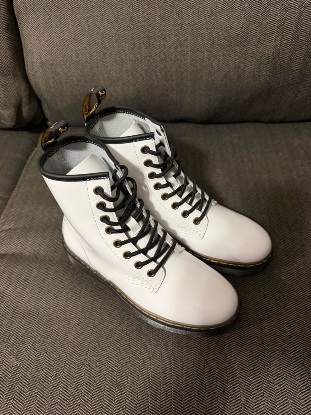 Dr. Martens White Leather Lace-Up Ankle Boots with Black Trim